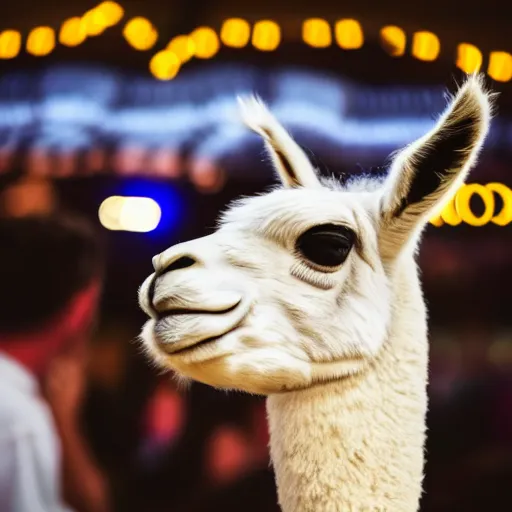 Image similar to llama enjoying beer at oktoberfest , cinematic lighting