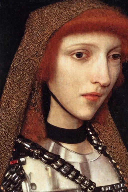 Image similar to a close - up portrait of a cyberpunk cyborg girl, by jan van eyck, rule of thirds