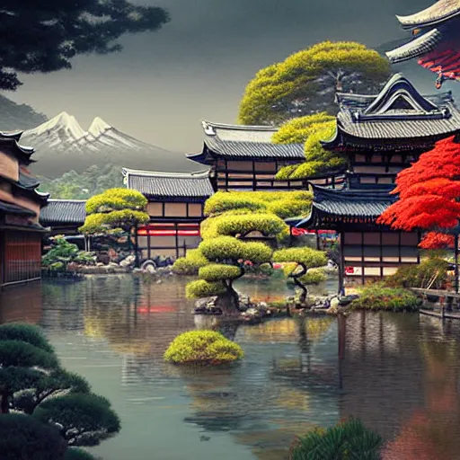 Image similar to old japanese town with garden viewed from harbor, d & d digital painting, ultra realistic, beautiful, volumetric lighting, warm colors advance, cell shading, by james jean, greg rutkowski,