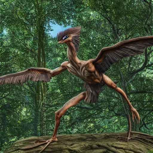 Image similar to Archaeopteryx stand in front of some prehistoric trees, highly detailed, 4k, photorealistic