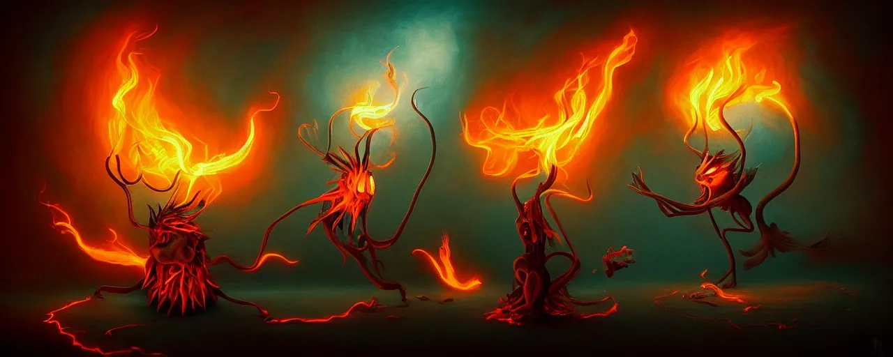 Image similar to whimsical fiery alchemical creatures, surreal dark uncanny painting by ronny khalil