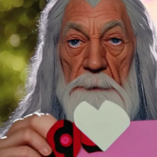 Prompt: portraid of gandalf wearing a Hello Kitty costume, holding a blank playing card up to the camera, movie still from the lord of the rings