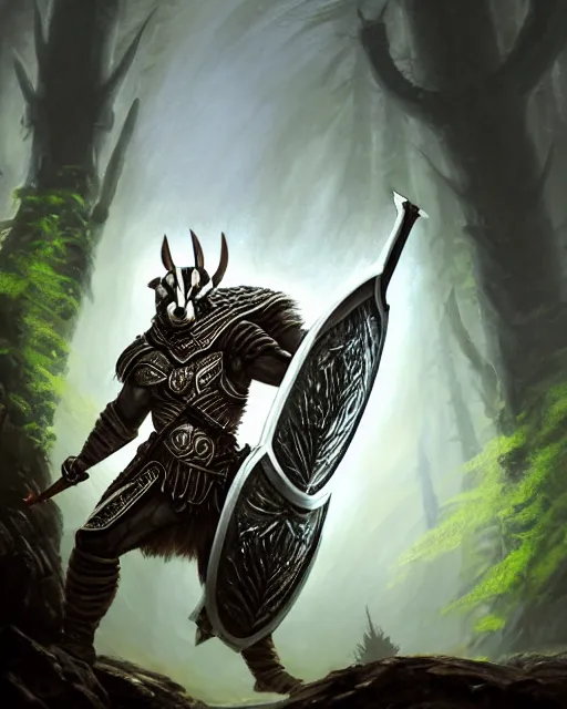 Image similar to Badger Warrior holding huge shield, forest background, D&D, artstation, fantasy, magic the gathering artwork, cinematic lighting, centered, symmetrical, highly detailed, digital painting, , concept art, smooth, sharp focus, illustration, volumetric lighting, epic Composition, 8k, art by Akihiko Yoshida and Greg Rutkowski and Craig Mullins, oil painting, cgsociety