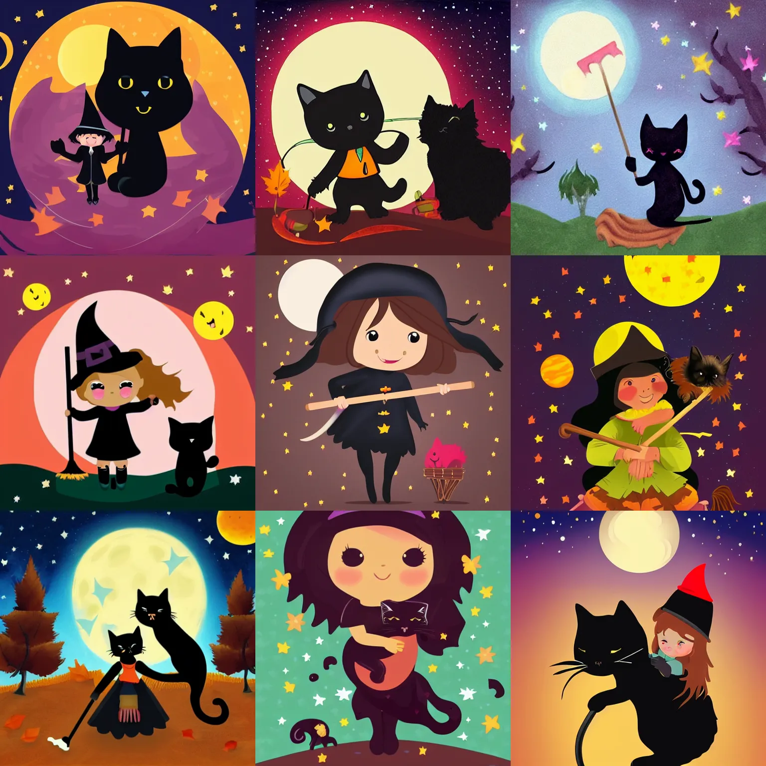 Prompt: adorable 3 year old human witch riding a broomstick and hugging a black kitten, night, autumn, full moon, stars