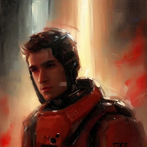 Image similar to portrait of a man by greg rutkowski, mixture between russian and japanese, black messy hair, star wars expanded universe, he is about 2 0 years old, wearing red tactical gear of the galactic triunvirate, highly detailed portrait, digital painting, artstation, concept art, smooth, sharp foccus ilustration, artstation hq