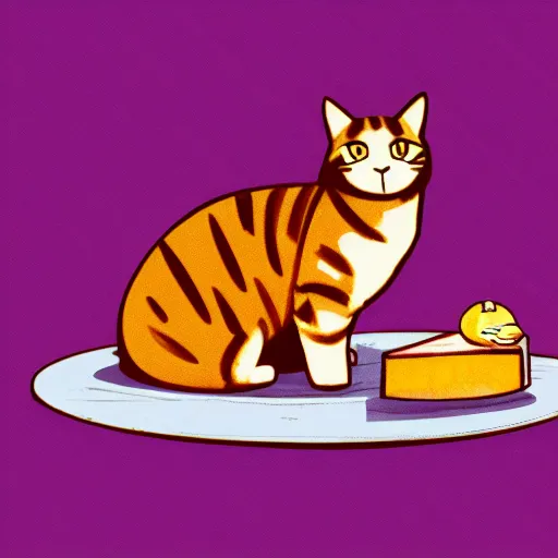 Image similar to a cat is standing near a blueberry cheesecake, chromatic aberration, medium level shot, illustration, concept art,