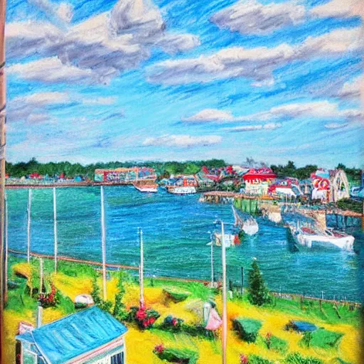 Image similar to “an idyllic, charming New England town by the seaside with colorful buildings, oil pastel”