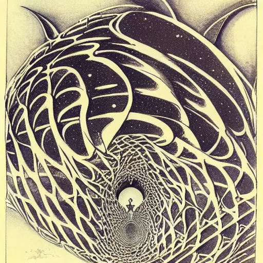 Image similar to cat as a fractal distortion, lithograph, watercolors, ink, M.C. Escher, moebius