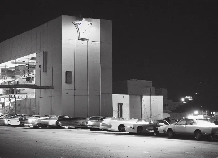 Image similar to a building seen from a dark parking lot in los angeles at night. 1 9 9 0 urban photography