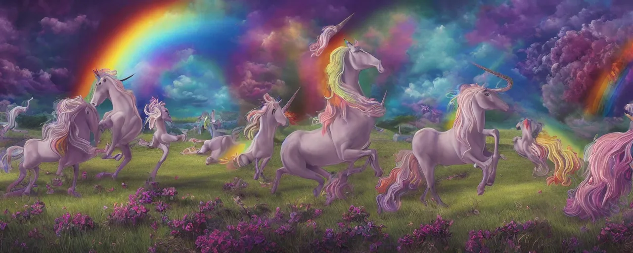 Image similar to a beautiful detailed mate painting of unicorns dancing under a rainbow on a graveyard'in the style of disney, existential horror, trending on cgsociety artstation, highly detailed, 8 k, masterpiece, super resolution.