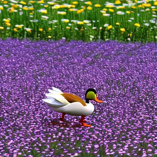 Prompt: a duck walking through a field of daisies, lots of little daisies, pixar style