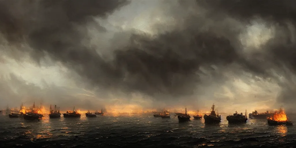 Image similar to Hyper realistic oil painting of a medieval fleet burning, dark smoke rising to the skies, stormy weather, dark clouds, fog, moody cinematic lighting, atmospheric, dark, by Greg Rutkowski, trending on artstation