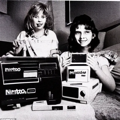 Prompt: christmas morning photo 1 9 8 6 of a typical 1 9 8 0 ’ s teenager after opening their new nintendo game system