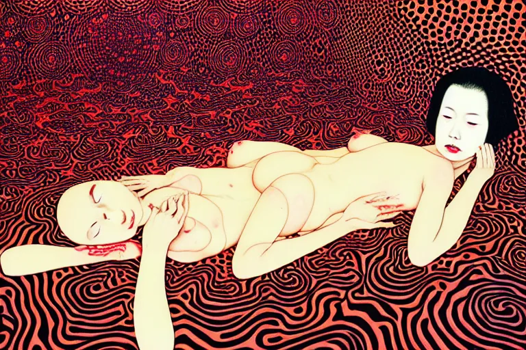 Image similar to realistic detailed image of a woman laying down in a padded room, conjuring psychedelic background, part by takato yamamoto, part by yayoi kusama, part by alex gray, ross tran, james jean, ultra realistic, highly detailed, 8 k, trending on artstation, very cohesive, masterpiece
