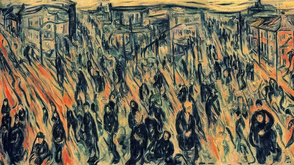 Image similar to the pain and chaos of a town being bombed on market sunday, painting by edvard munch