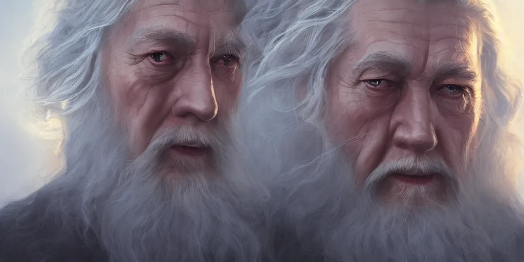 Image similar to Gandalf portrait, golden hour, rim lighting, detailed matte painting, cinematic, Alan Lee, Artstation