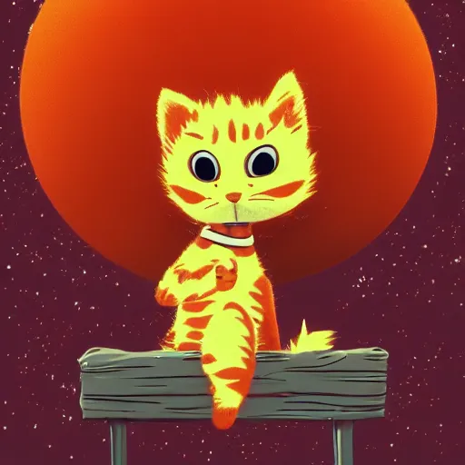 Image similar to A fuzzy orange cat sitting on planet earth, space with stars in the background, trending on artstation, 3D animation, in the style of Calvin And Hobbes