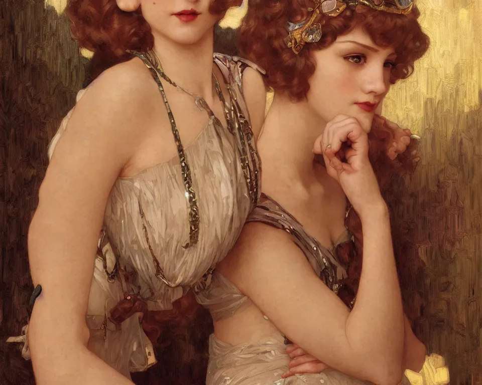 Image similar to portrait beautiful flapper girl, intricate, elegant, highly detailed, 1 9 2 0's style speakeasy, digital painting, artstation, concept art, smooth, sharp focus, illustration, art by artgerm and greg rutkowski and alphonse mucha and william - adolphe bouguereau