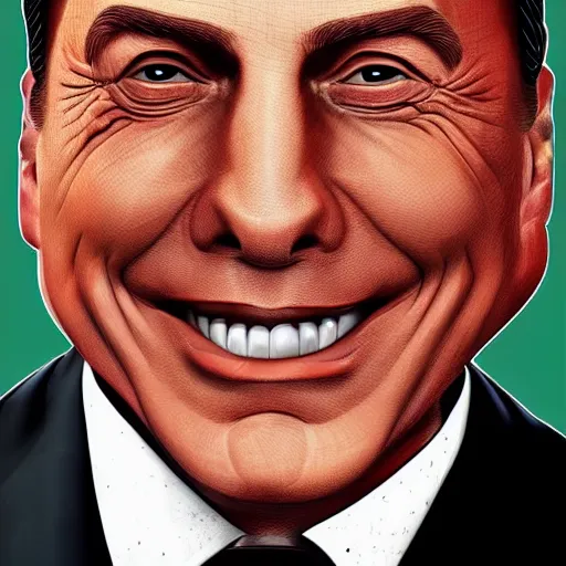 Prompt: berlusconi, head and shoulder shot, smiling, hyperdetailed, trending on artstation, digital art