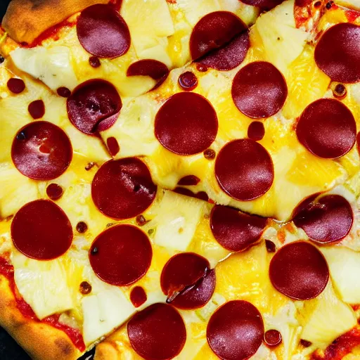 Prompt: pizza with pineapple toppings close up, 4 k, cinematic shot, photorealistic