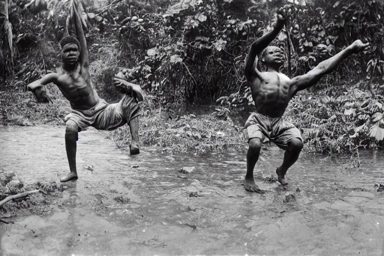 Image similar to a 1 9 0 5 colonial closeup photograph of a breakdancer in a village at the river bank of congo, thick jungle, scary, evil looking, wide angle shot