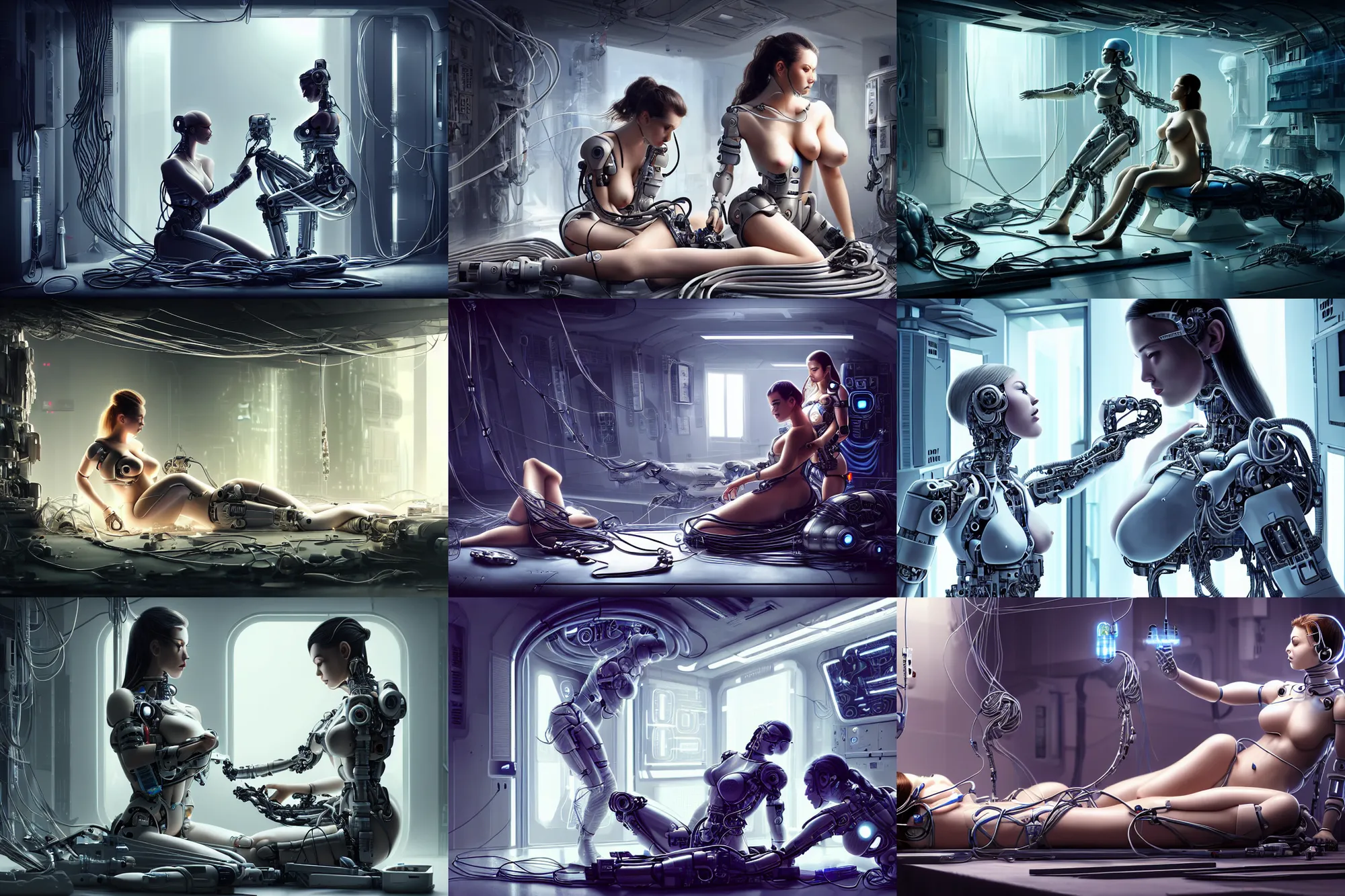 Prompt: Ultra realistic illustration, incredibly beautiful and alluring female cyborg goddess repairing a beautiful female android, in a destroyed futuristic super advanced military medical bay with cables hanging from ceiling, cables on floor, beautiful face, voluptuous body, beautiful alluring science observing, cyberpunk, sci-fi, dapped light, large draped cloth, tissue ornament, fantasy, intricate, elegant, highly detailed, digital painting, artstation, concept art, smooth, sharp focus, illustration, dramatic lighting, art by artgerm and greg rutkowski and alphonse mucha