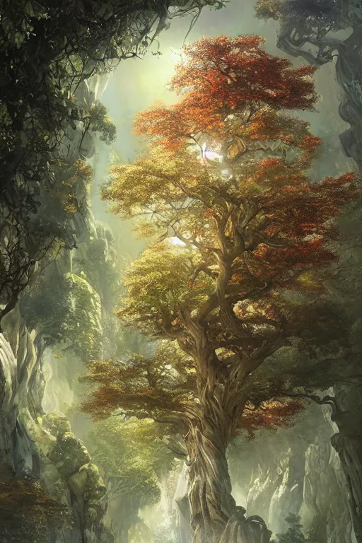 Image similar to tree of four seasons, volymetric light, highly detailed matte painting, noriyoshi ohrai, charlie bowater, mark brooks