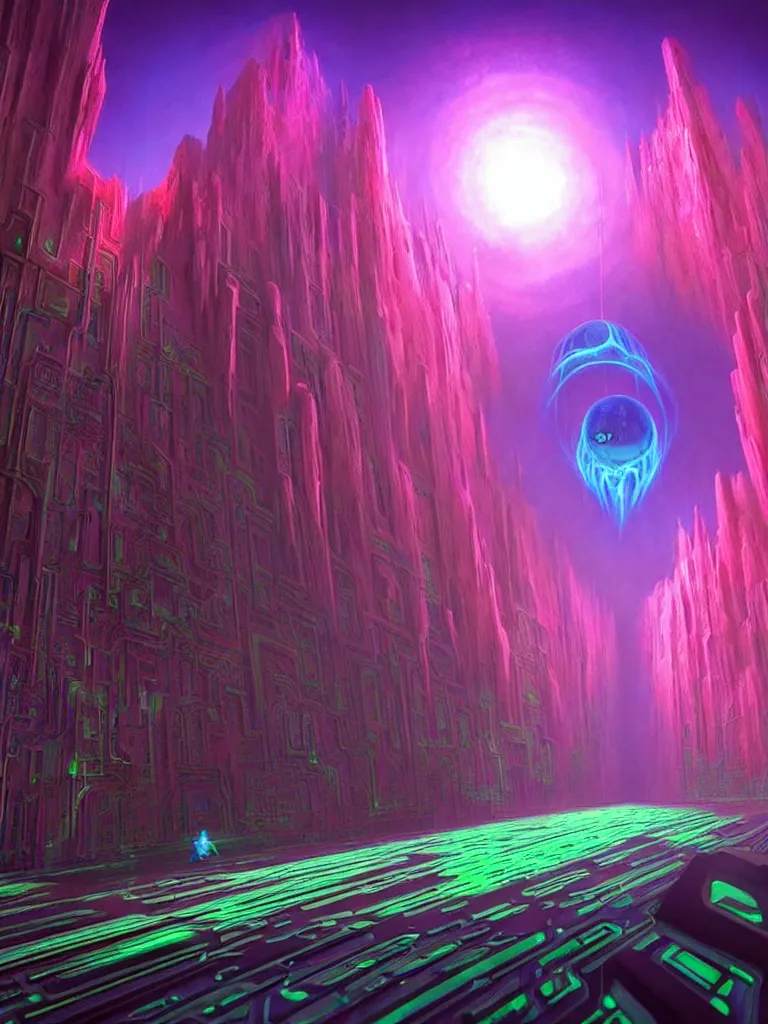 Prompt: entrance to ethereal realm, matrix sentient, rendered in unreal engine, central composition, symmetrical composition, dreamy colorful cyberpunk colors, 6 point perspective, fantasy landscape with anthropomorphic!!! terrain!!! in the styles of igor morski, jim warren and rob gonsalves, intricate, hyperrealistic, volumetric lighting, neon ambiance, distinct horizon