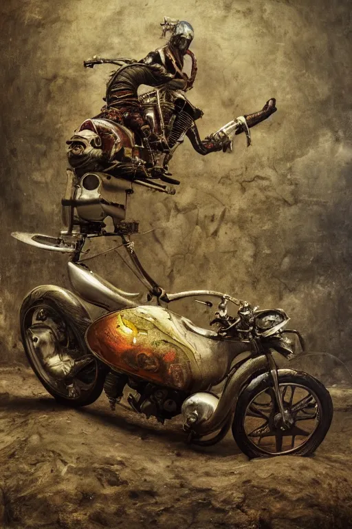 Image similar to full color hd photo of a motorcycle, octane render 4 k, by hieronymus bosch, joel peter witkin, annie liebovitz. gustave dore, hr giger, zdzisław beksinski, epic, artstation, cgisociety, weta, disney