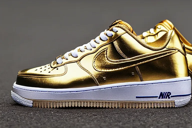 Prompt: nike airforce 1 made of golden jewelery,