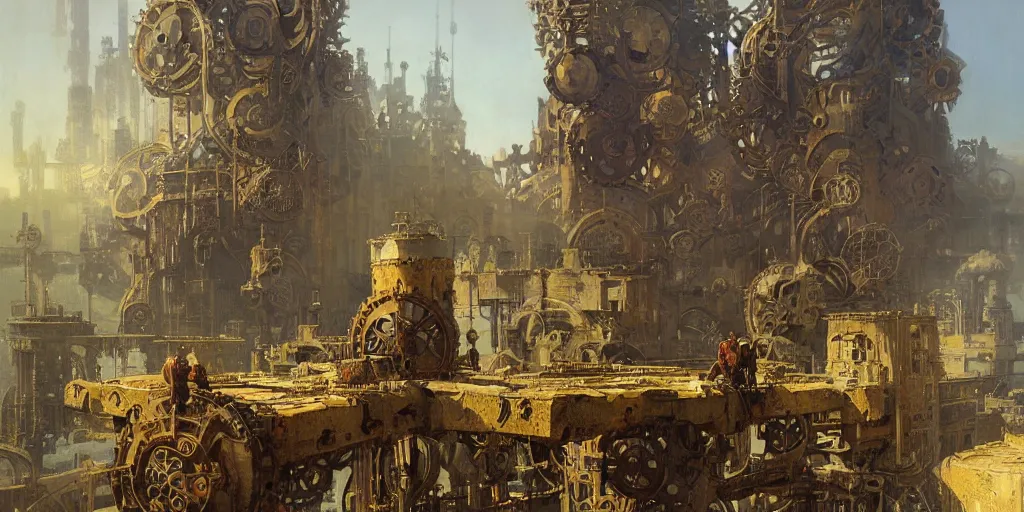 Prompt: giant gears floating in nothingness, clockwork, giant mechanisms, industry, steampunk villages castles, buildings vista artstation illustration sharp focus sunlit vista painted by ruan jia raymond swanland lawrence alma tadema zdzislaw beksinski norman rockwell tom lovell alex malveda greg staples