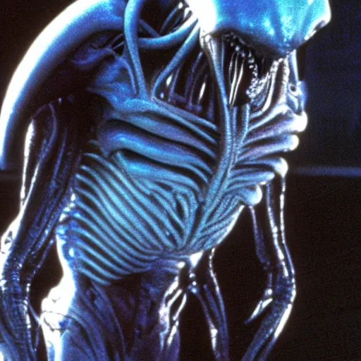 Image similar to movie still, 1 9 8 0 s, alien creatures, hyperdetailed, by ridley scott and john carpenter, blue leds