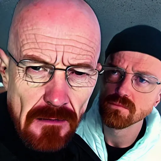Prompt: walter white doing a selfie with jesse pinkman, realistic