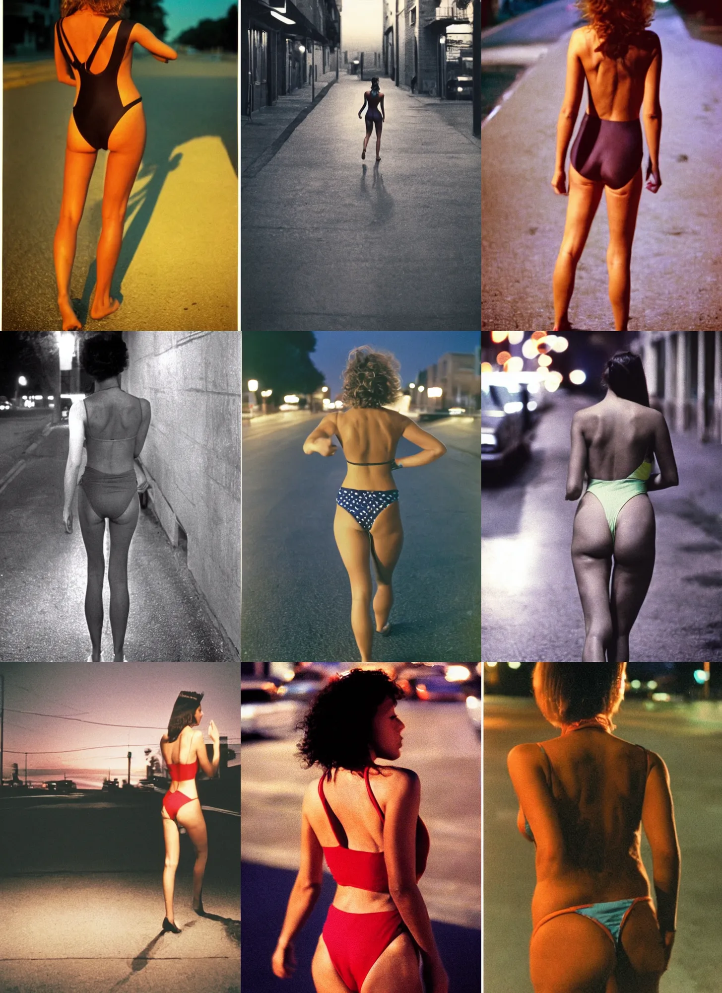 Prompt: view from behind, color outdoor photograph portrait of a woman in swimsuit walking on the street, night, summer, dramatic lighting, 1 9 9 0 photo from live magazine.