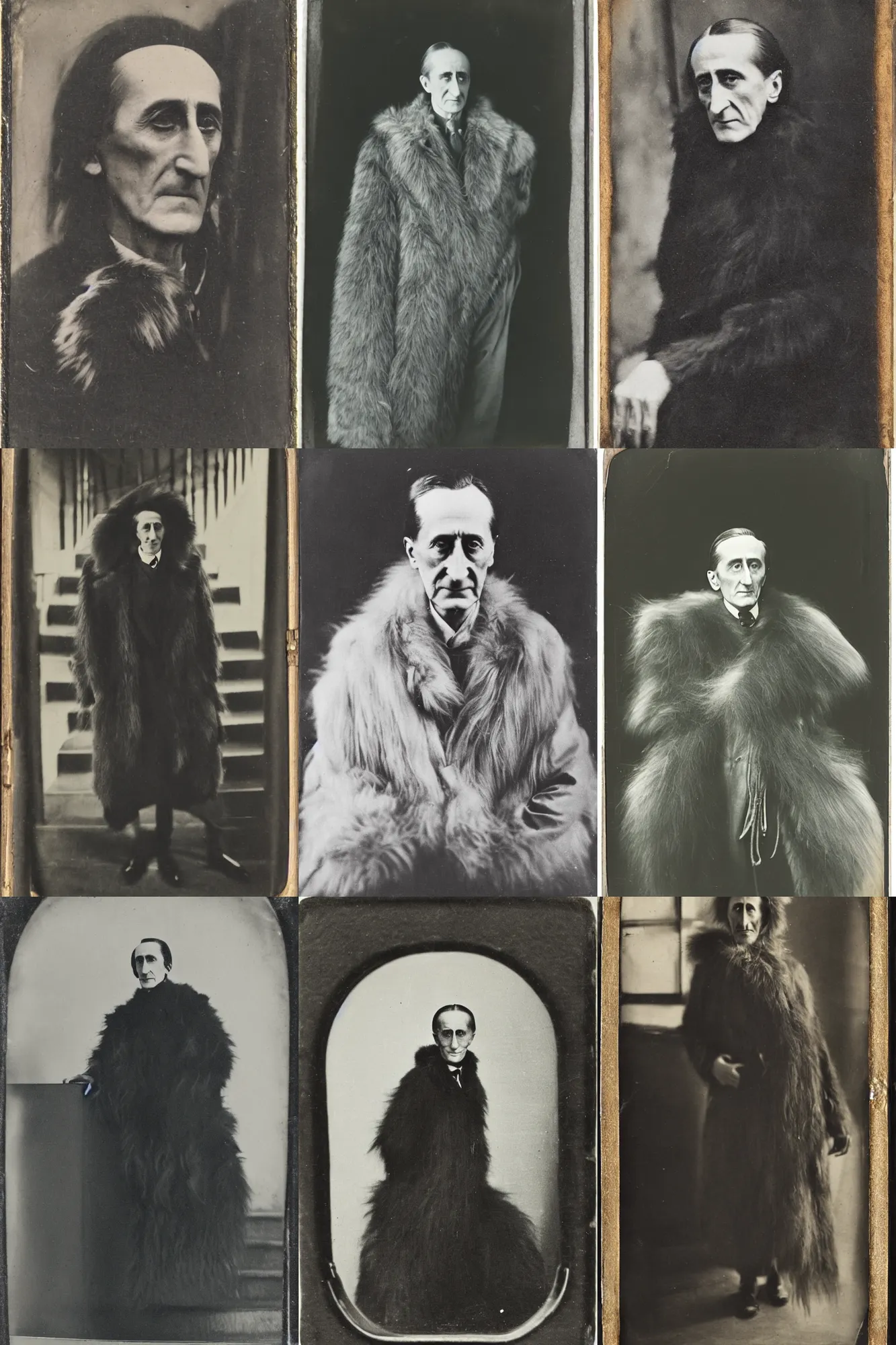 Prompt: an old tintype portrait of Marcel Duchamp with big fur coat descending a staircase