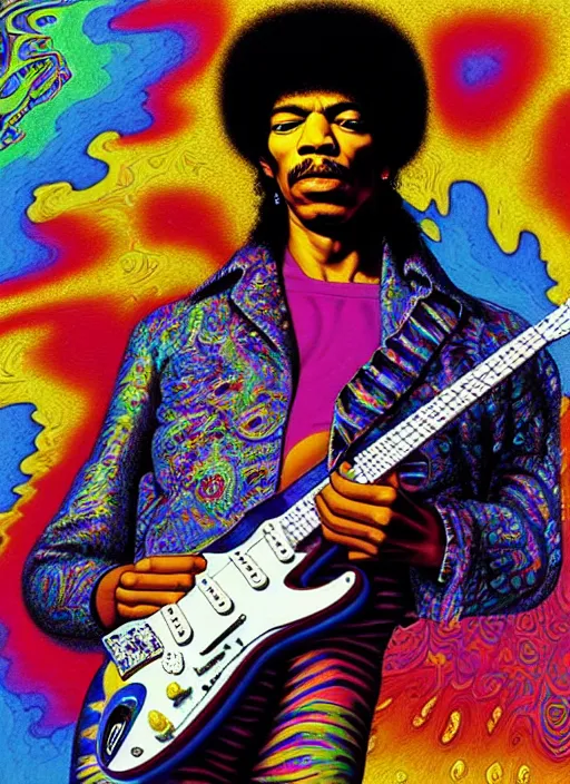 Prompt: hyper detailed 3d render like a Oil painting - Jimi Hendrix aerochrome and milky Fruit holding a left-handed white stratocaster guitar in his left hand, iridescent paisley patterns by Jacek Yerka, Ilya Kuvshinov, Mariusz Lewandowski, Houdini algorithmic generative render, Abstract brush strokes, Masterpiece, Edward Hopper and James Gilleard, Zdzislaw Beksinski, Mark Ryden, Wolfgang Lettl, hints of Yayoi Kasuma, octane render, 8k