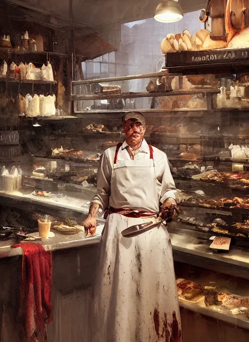 Prompt: portrait of a old butcher, bloodstained apron, 🔪, at a butcher shop, dramatic lighting, dimly lit, medium view, asymmetrical, intricate, elegant, matte painting illustration, by greg rutkowski and greg tocchini and james gilleard and sargent and leyendecker and greg manchess