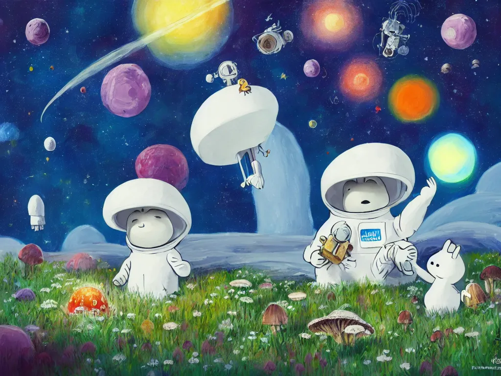 Image similar to moomins in a space suit discovering the mushroom planet, looking cute, photorealistic painting, movie still, warm colors, fluffy, cozy, low light, trending on artstation