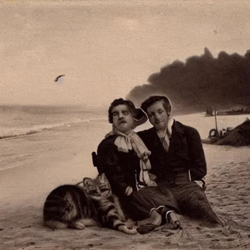 Image similar to a gay couple on the beach with a cat, vintage, 1 8 0 0 s