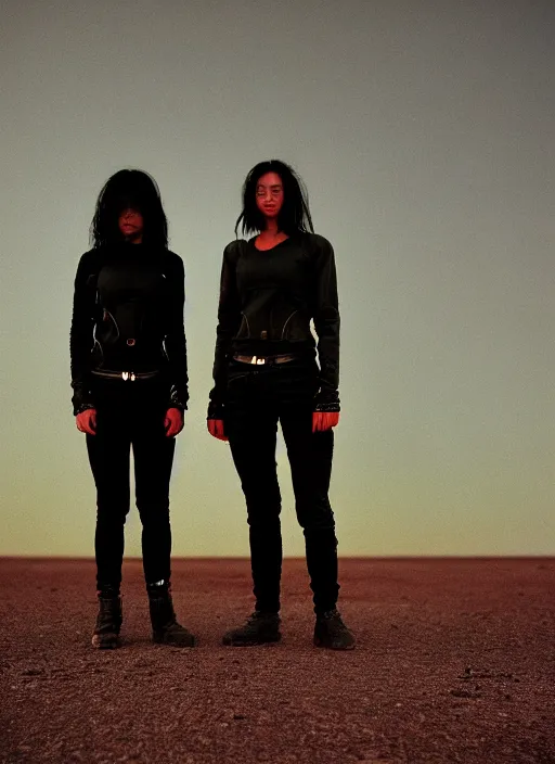 Image similar to cinestill 5 0 d photographic portrait of two loving female androids wearing rugged black techwear on a desolate plain with a red sky, extreme closeup, lizard on ground, cyberpunk style, in front of a brutalist dark metal facility, dust storm, 3 5 mm, 8 k, f / 3 2, high resolution, ultra realistic faces