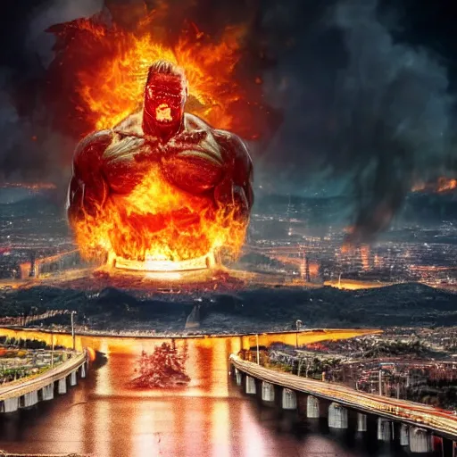 Prompt: Dark powerful muscular giant all on fire with only one eye, destroying city, realistic photo, high detailed