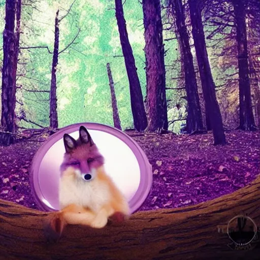 Image similar to a purple fox with a long fluffy and shiny coat sits in the forest on a ufo flying saucer. super realistic photo. clear details