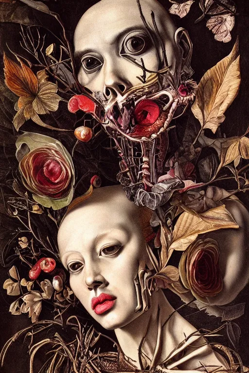 Image similar to Detailed maximalist portrait with large lips and eyes, expressive, botanical skeletal with extra flesh, HD mixed media, 3D collage, highly detailed and intricate, surreal illustration in the style of Caravaggio, dark art, baroque