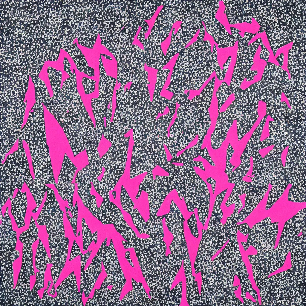 Image similar to camo made of out teeth, smiling, abstract, maya bloch artwork, pink convertible, do hoang tuong artwork, cryptic, dots, stipple, lines, splotch, concrete, color tearing, pitch bending, faceless people, tribal, dark, ominous, eerie, minimal, points, technical, painting