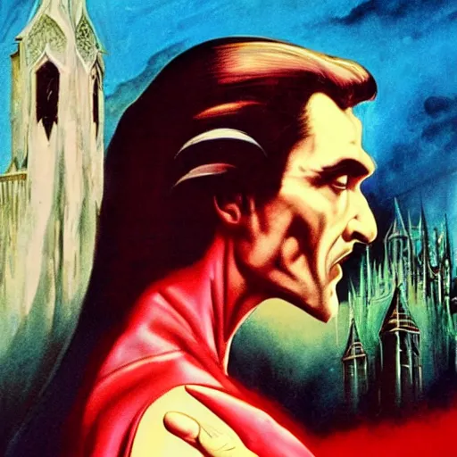 Image similar to photorealistic picture, by bob peak and alex ross, dracula movie poster in 1 9 8 4, gouache and wash paints, fine details, fine intricate, fine facial proportionate, fine body proportionate, fine fix broken line, fine fix duplicate line, smooth focus, sharp details, bokeh, 4 k