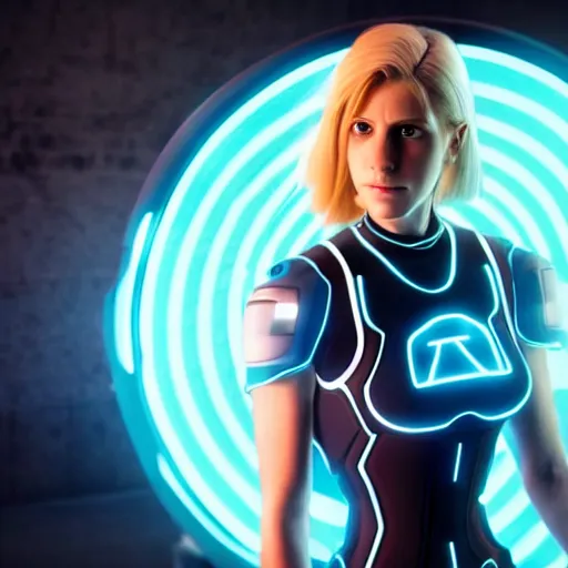 Image similar to Annie Leonhart in a Tron movie, octane render 8k, photorealistic render, atmospheric render, beautiful face, cute, realistic skin, beautiful eyes