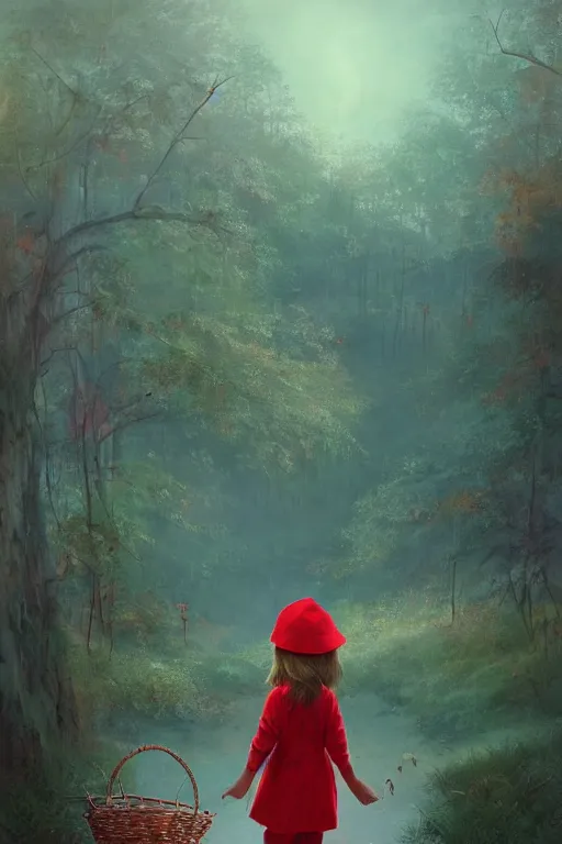 Prompt: a little girl in red hat with a basket ,forest,Distant view,a basket by Bruce Pennington and Ross Tran trending on artstation, trending on deviantart