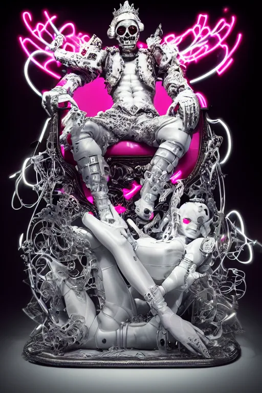 Image similar to full-body rococo and cyberpunk style neon statue of a young attractive portugues macho dotado android reclining sim roupa con piroca, glowing white laser eyes, prince crown of pink gears, diamonds, swirling silver-colored silk fabric. futuristic elements. full-length view. space robots. human skulls. intricate artwork by caravaggio. Trending on artstation, octane render, cinematic lighting from the right, hyper realism, octane render, 8k, depth of field, 3D