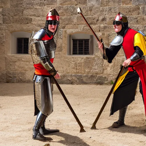 Prompt: 2 medieval knights wearing sunglasses jousting using keytars as lances, photograph