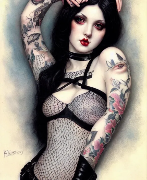 Image similar to two beautiful pale skin cosplay girls, gray eyes, black hair, fully tattooed body, fishnet corset with choker, symmetrical, beautiful detailed face, masterpiece, paint by karol bak